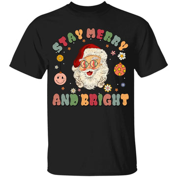 Retro Groovy Stay Merry & Bright Christmas Cute Santa Claus T-Shirt