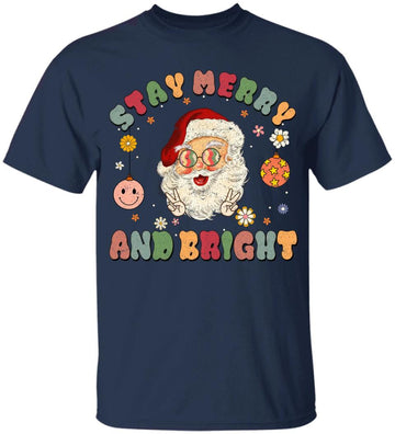 Retro Groovy Stay Merry & Bright Christmas Cute Santa Claus T-Shirt