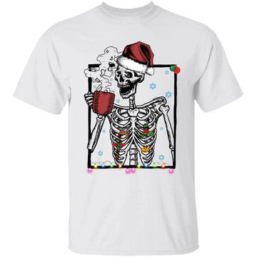 Christmas Skeleton With Smiling Skull Drinking Coffee Sweatshirt Xmas Gift Graphic Tees Shirt