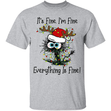 Black Cat It's Fine I'm Fine Everything Is Fine Christmas Light Shirt