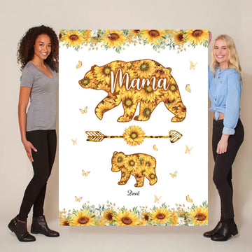 Mama Bear Sunflower Personalized Blanket, Best Gift For Mother