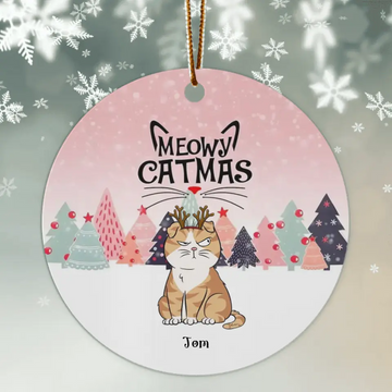Meowy Catmas Pinktone Personalized Circle Ceramic Ornament – Gift for Cat Lovers, Decorative Christmas Ornament