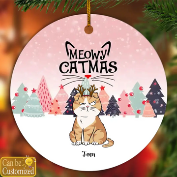 Meowy Catmas Pinktone Personalized Circle Ceramic Ornament – Gift for Cat Lovers, Decorative Christmas Ornament