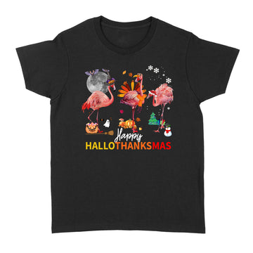 Happy HalloThanksmas Flamingo Halloween Thanksgiving Christmas T-Shirt