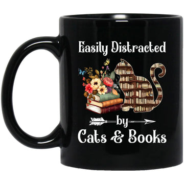 Easily Distracted By Cats And Books - Funny Cat & Book Lover Gift Mugs