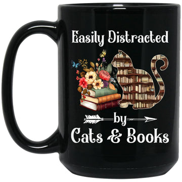 Easily Distracted By Cats And Books - Funny Cat & Book Lover Gift Mugs