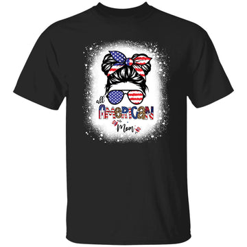 All American Mom Shirts 4th Of July Women Messy Bun USA Flag T-Shirt