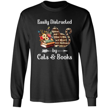 Easily Distracted By Cats And Books - Funny Cat & Book Lover Shirt