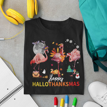 Happy HalloThanksmas Flamingo Halloween Thanksgiving Christmas T-Shirt