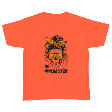 Standard Youth T-shirt - Momster Halloween Costume Skull Mom Messy Hair Bun Monster Shirt