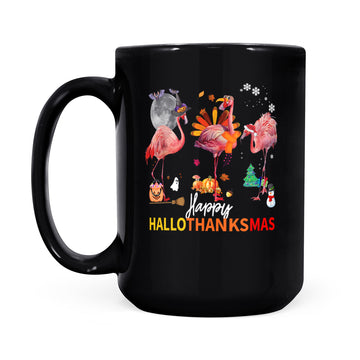Happy HalloThanksmas Flamingo Halloween Thanksgiving Christmas - Black Mug
