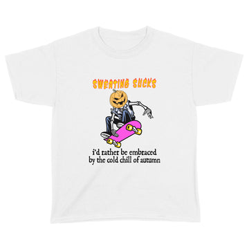 Sweating Sucks Skeleton Pumpkin Head Halloween Funny Shirt - Standard Youth T-shirt