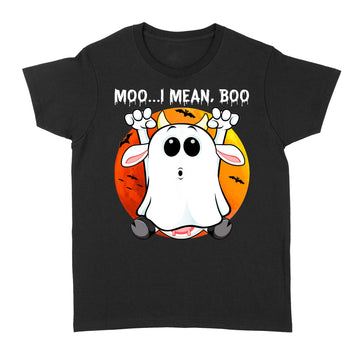 Vintage Ghost Cow Moo I Mean Boo Funny Halloween Cow Boo Retro Sunset Shirt - Standard Women's T-shirt