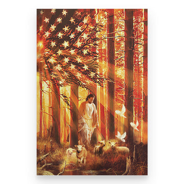 Jesus Walking With The Lambs American Flag - Standard Poster