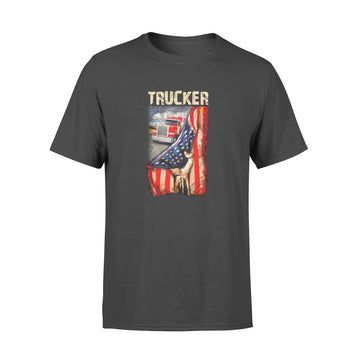Truck Behind American Flag Trucker Love Graphic Tees Shirt Back - Premium T-shirt
