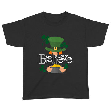St. Patrick's Day - Cute Believe Leprechaun Shamrock Funny T-Shirt - Standard Youth T-shirt