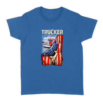 Truck Behind American Flag Trucker Love Graphic Tees Shirt Back - Standard Women's T-shirt